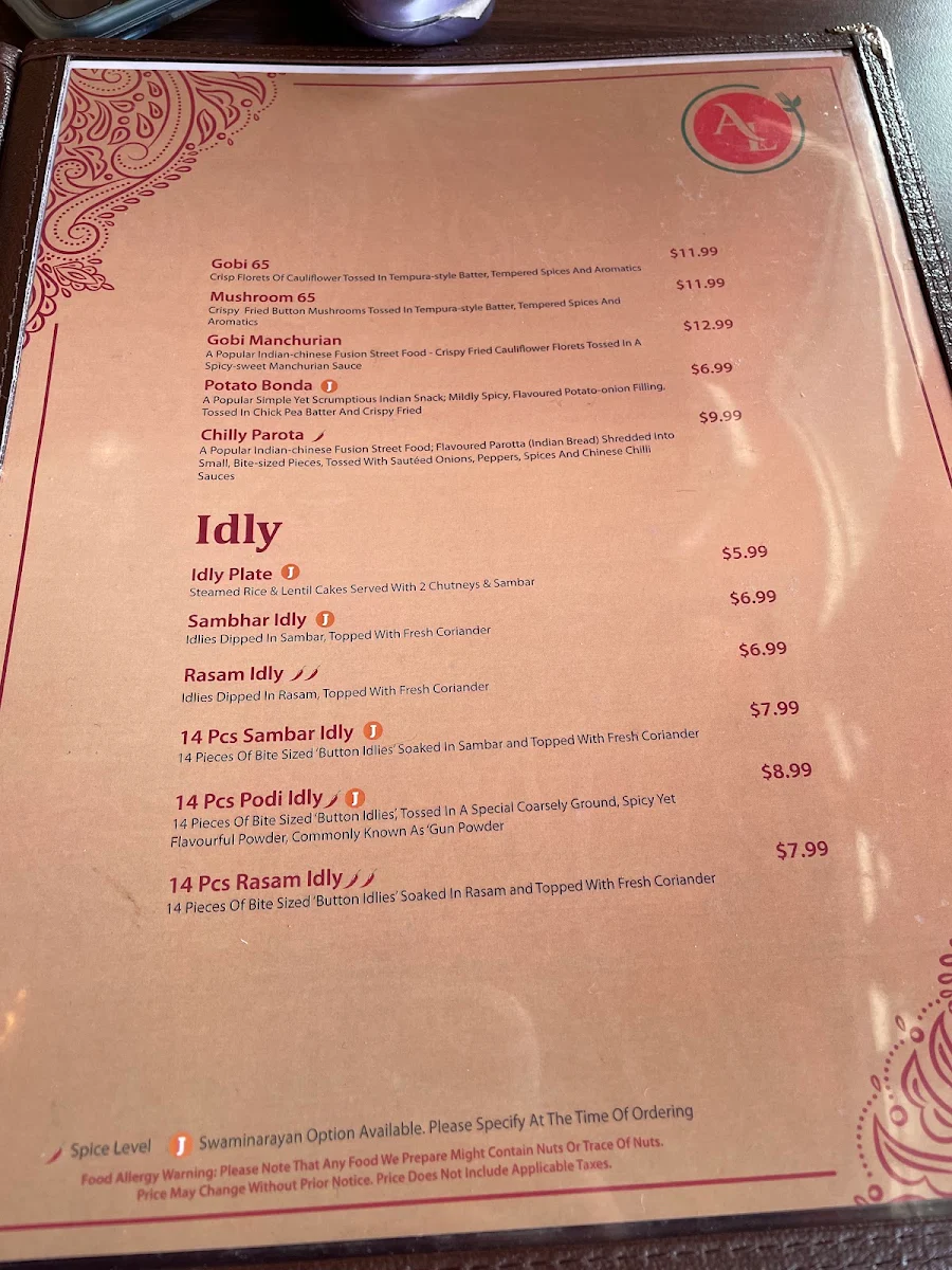 Menu, Annalakshmi Mississauga - South Indian Vegetarian Restaurant