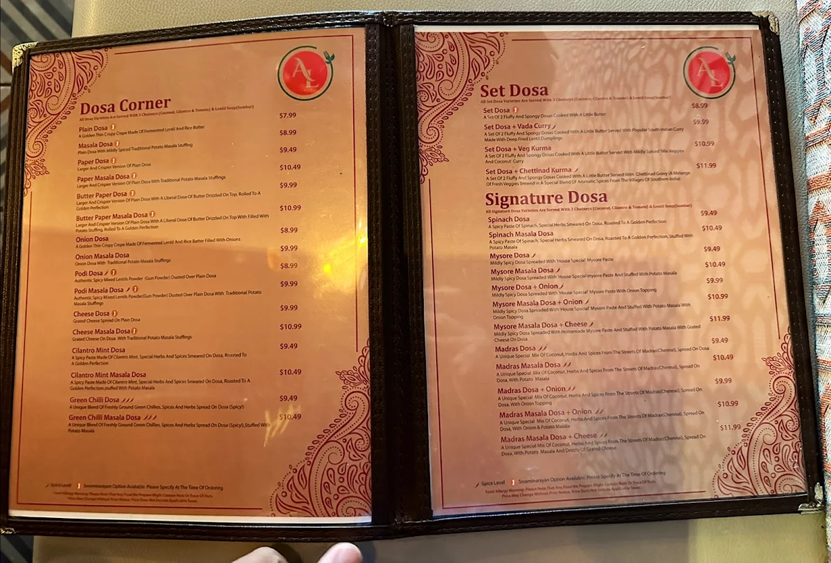 Menu, Annalakshmi Mississauga - South Indian Vegetarian Restaurant
