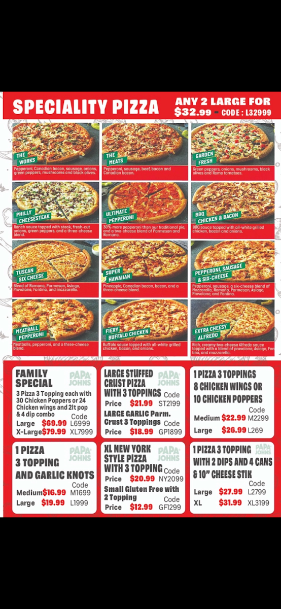 Menu, Papa Johns Pizza
