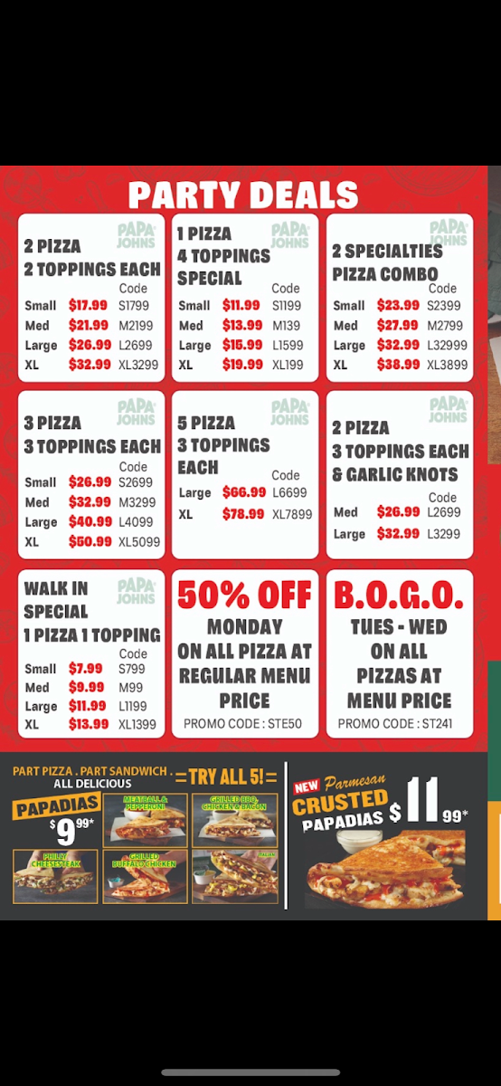 Menu, Papa Johns Pizza