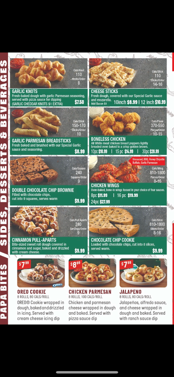 Menu, Papa Johns Pizza