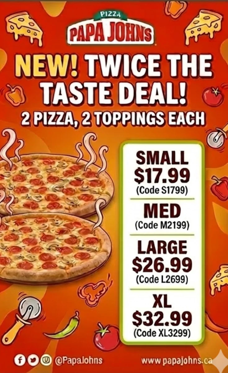 Menu, Papa Johns Pizza