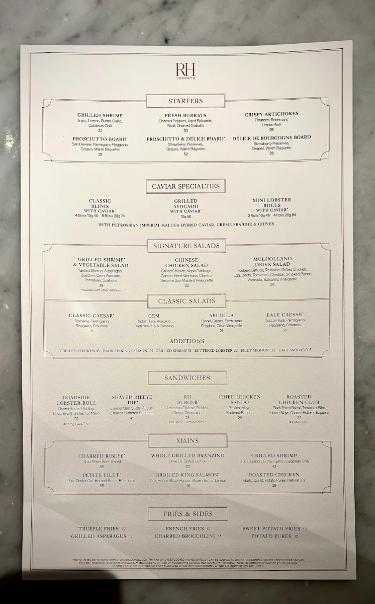 Menu, RH Courtyard Restaurant at RH Toronto