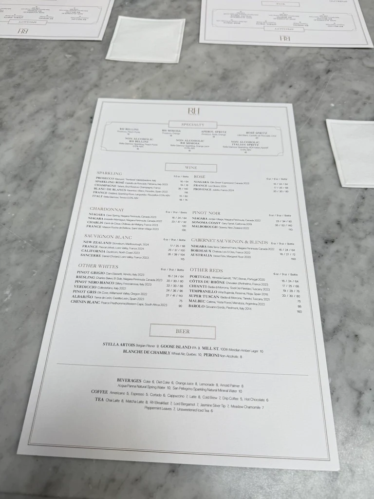 Menu, RH Courtyard Restaurant at RH Toronto