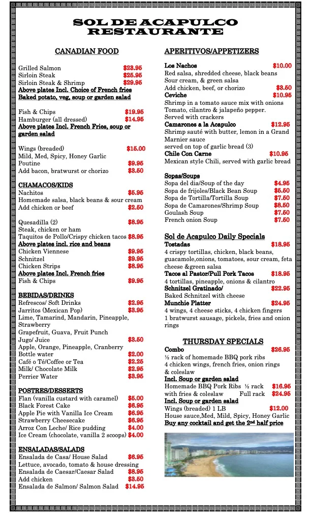 Menu, Sol De Acapulco Restaurante