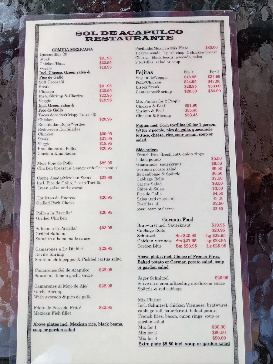 Menu, Sol De Acapulco Restaurante