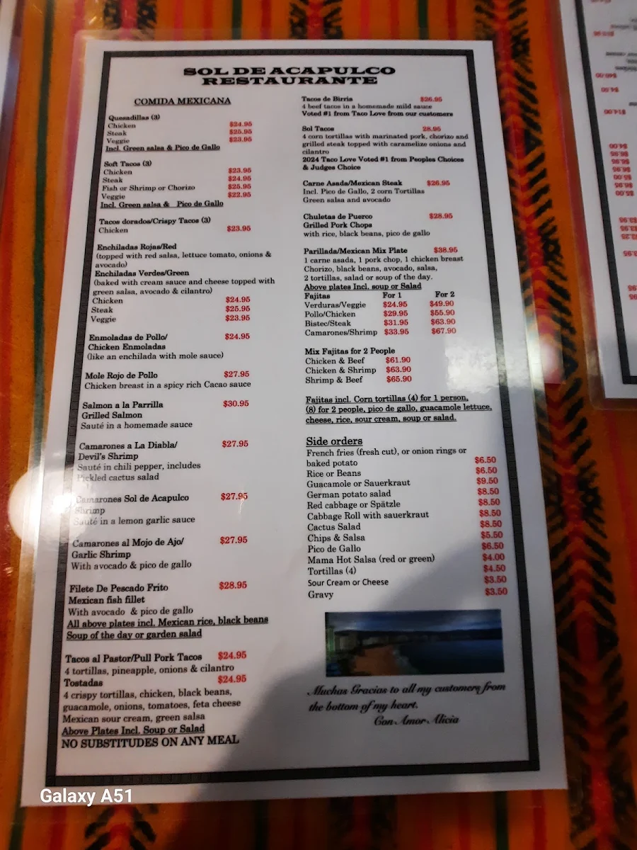 Menu, Sol De Acapulco Restaurante