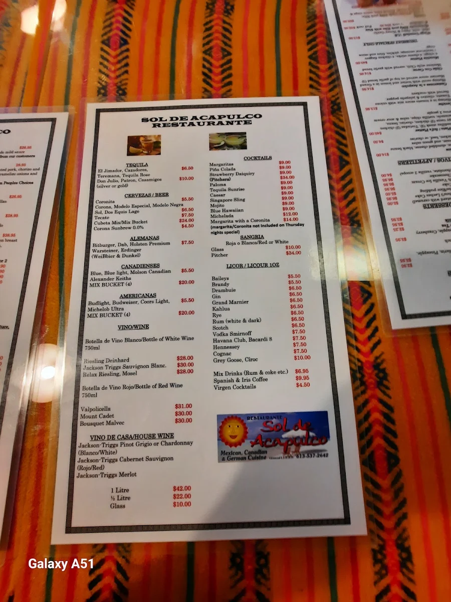 Menu, Sol De Acapulco Restaurante