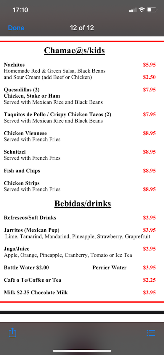 Menu, Sol De Acapulco Restaurante