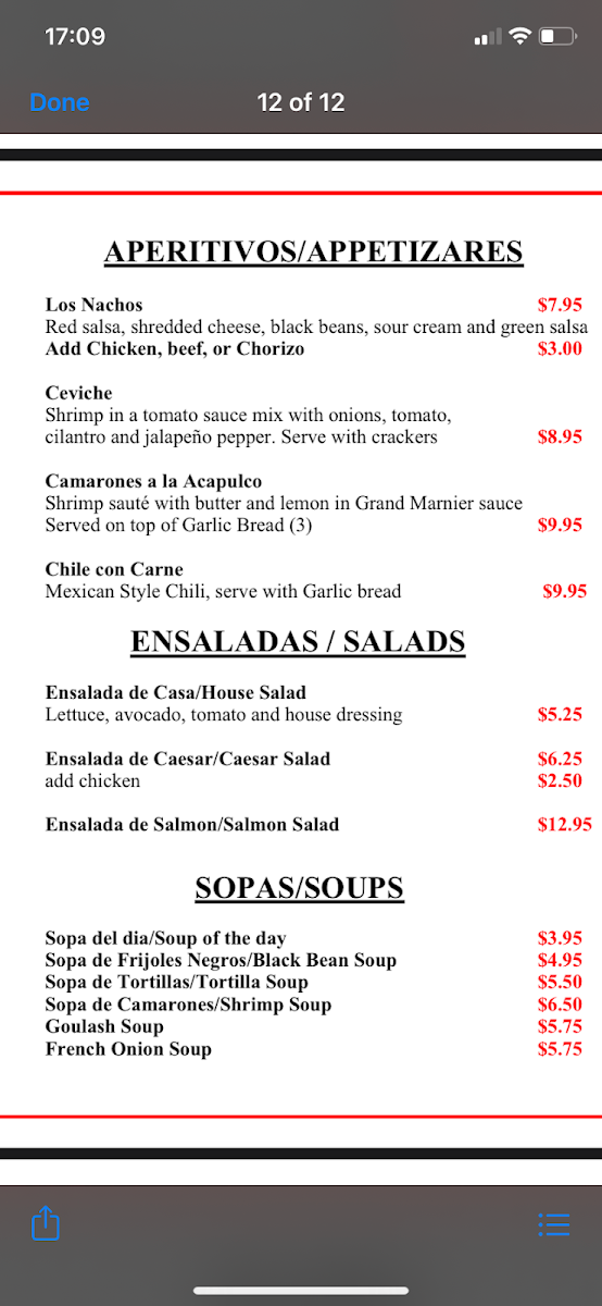 Menu, Sol De Acapulco Restaurante