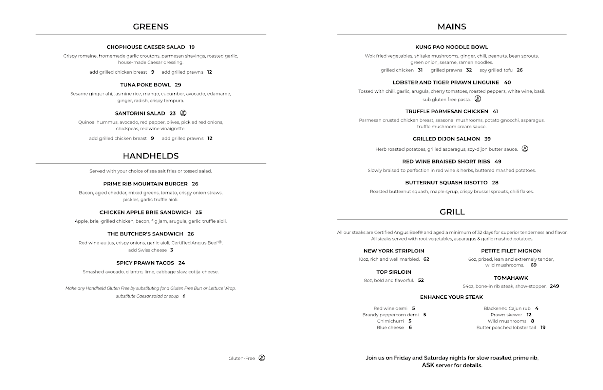 Menu, Lakeside Chophouse & Wine Bar