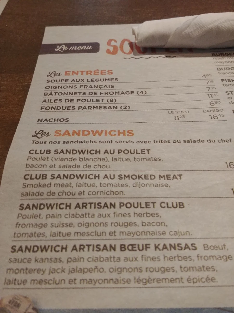 Menu, Restaurant Normandin Lévis