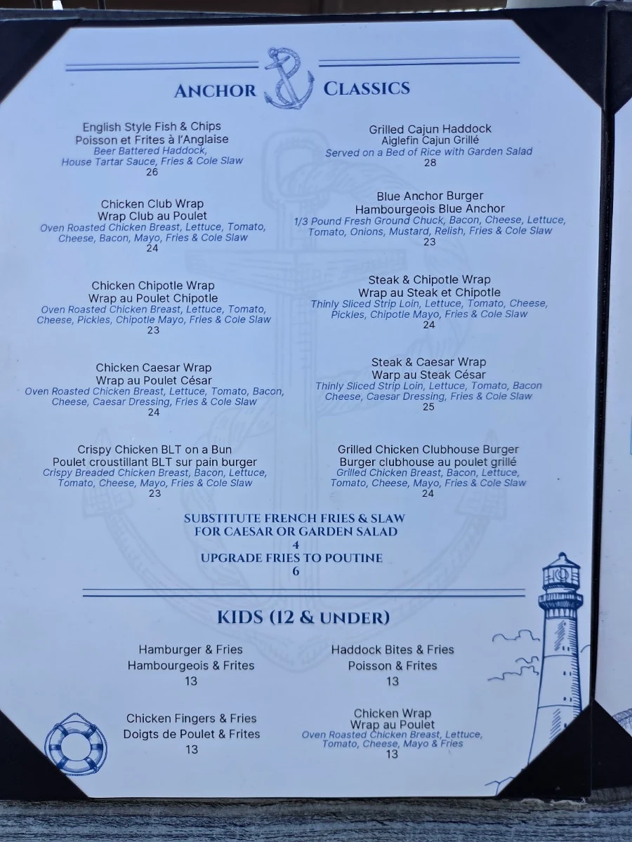 Menu, Blue Anchor