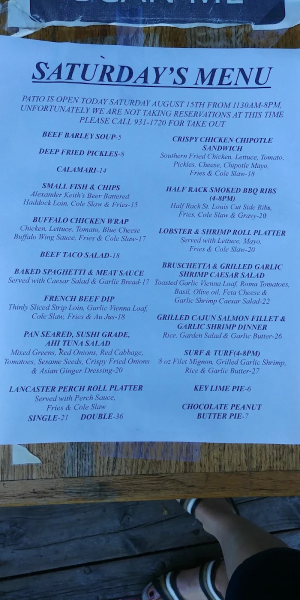 Menu, Blue Anchor