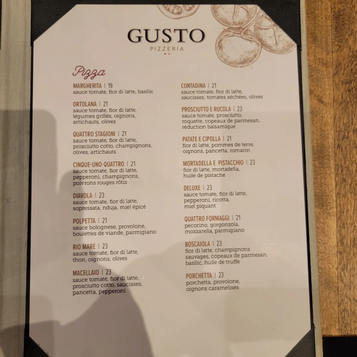 Menu, Pizzeria Gusto