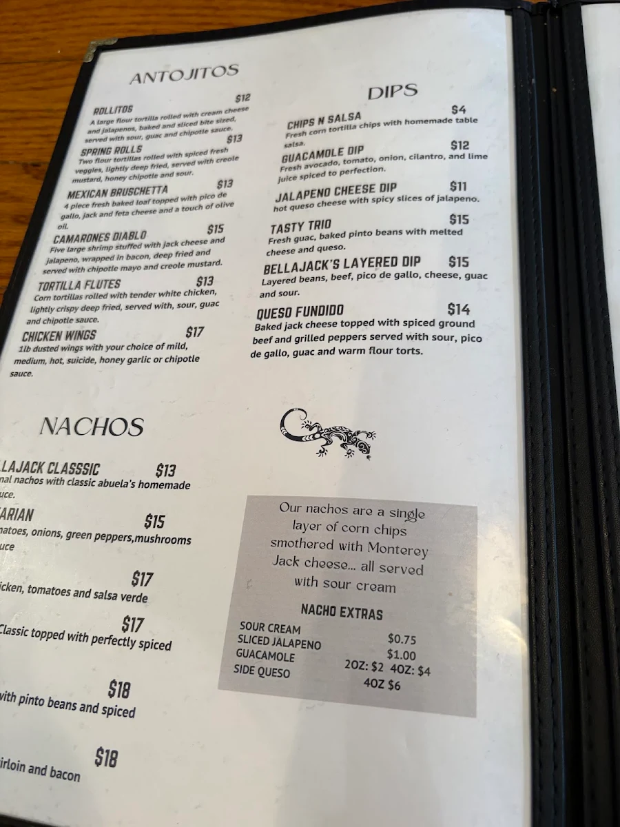 Menu, Bella Jacks