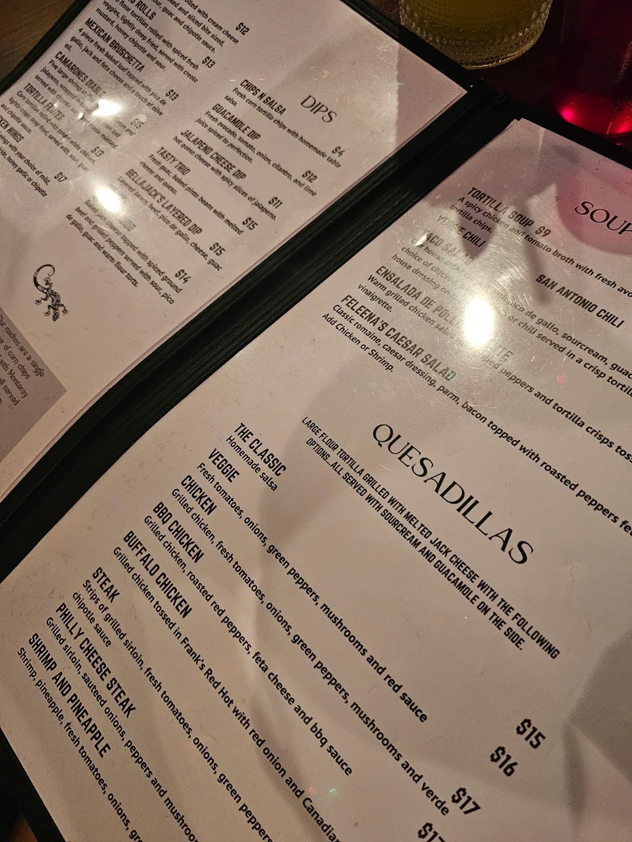 Menu, Bella Jacks