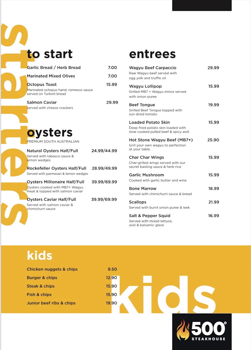 Menu, 500 Degrees Restaurant Cronulla