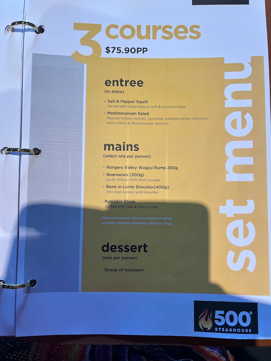 Menu, 500 Degrees Restaurant Cronulla