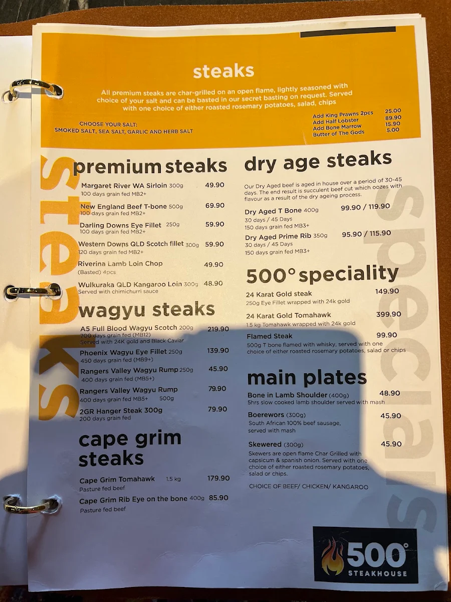 Menu, 500 Degrees Restaurant Cronulla