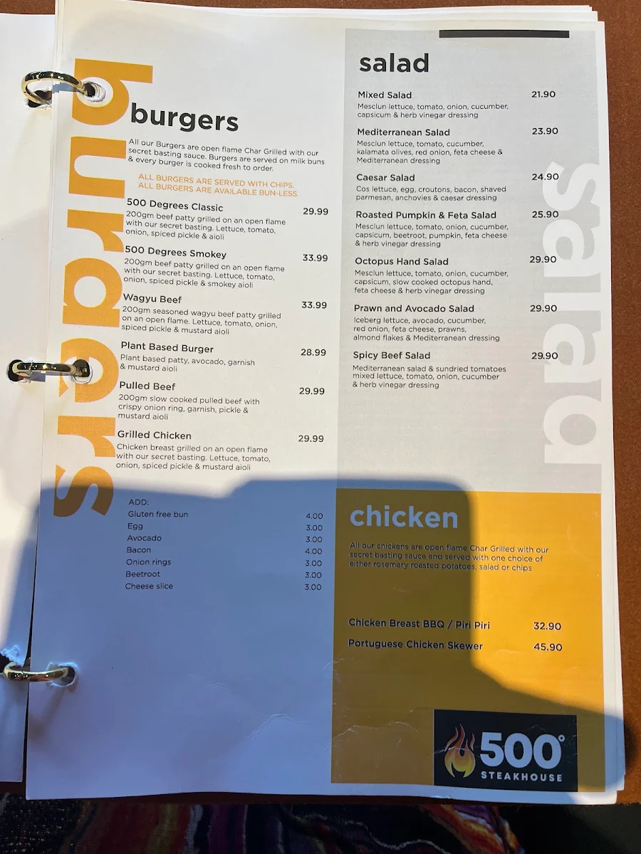 Menu, 500 Degrees Restaurant Cronulla