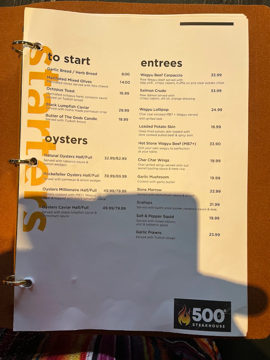 Menu, 500 Degrees Restaurant Cronulla
