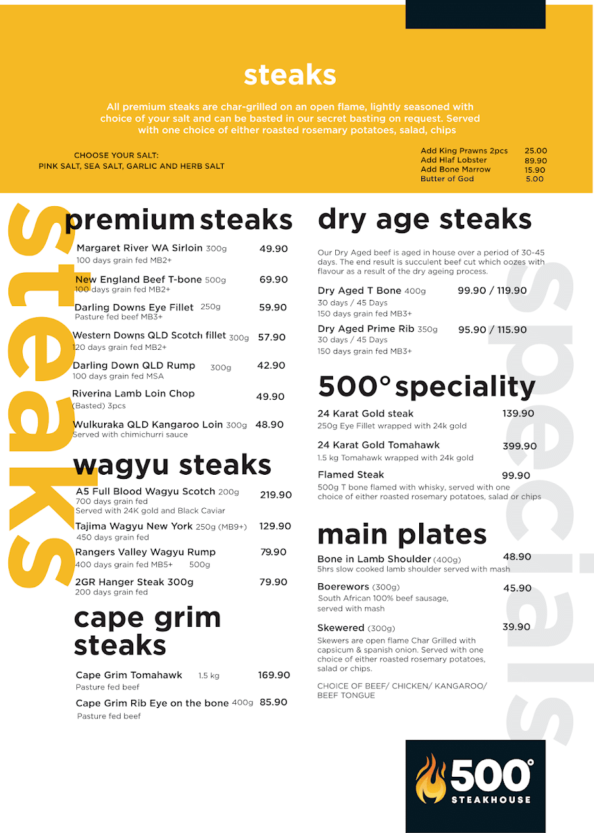 Menu, 500 Degrees Restaurant Cronulla