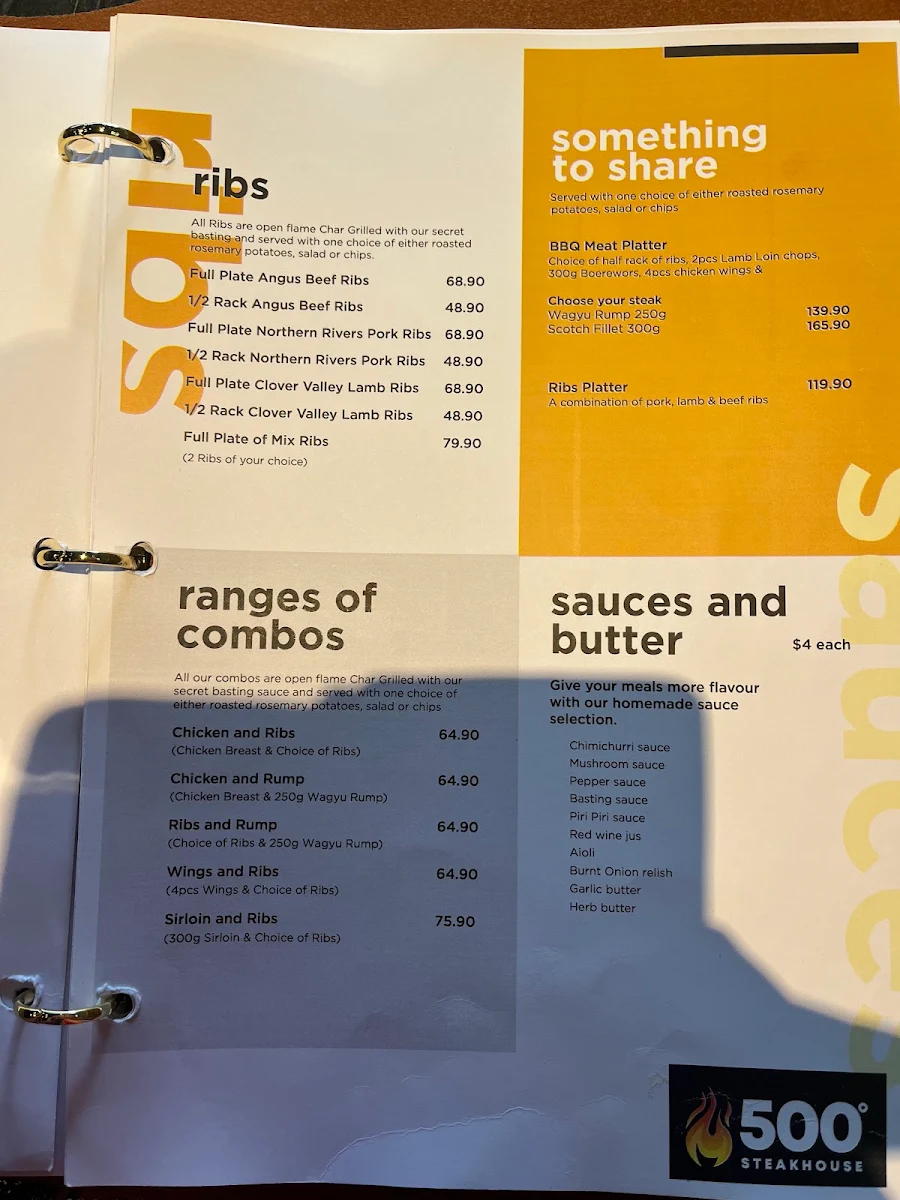 Menu, 500 Degrees Restaurant Cronulla