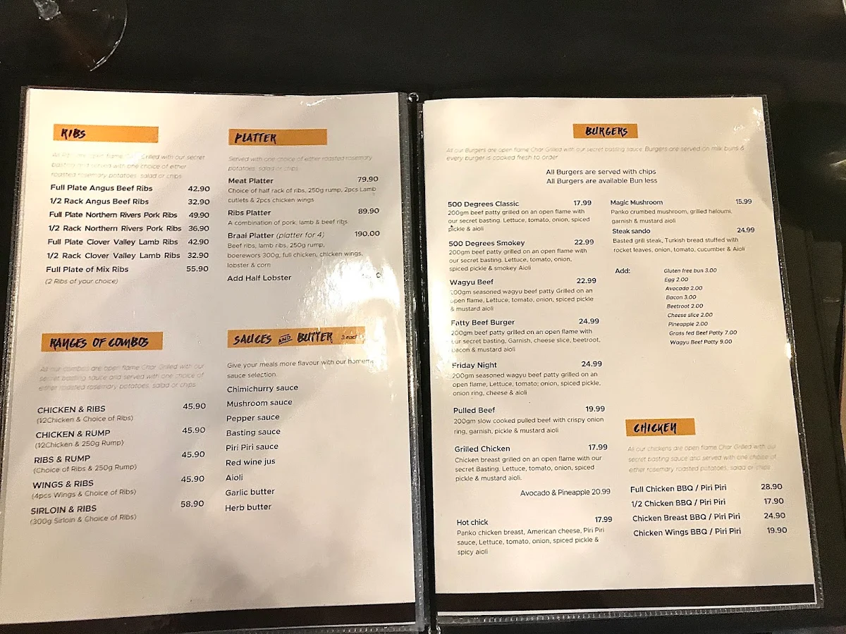 Menu, 500 Degrees Restaurant Cronulla