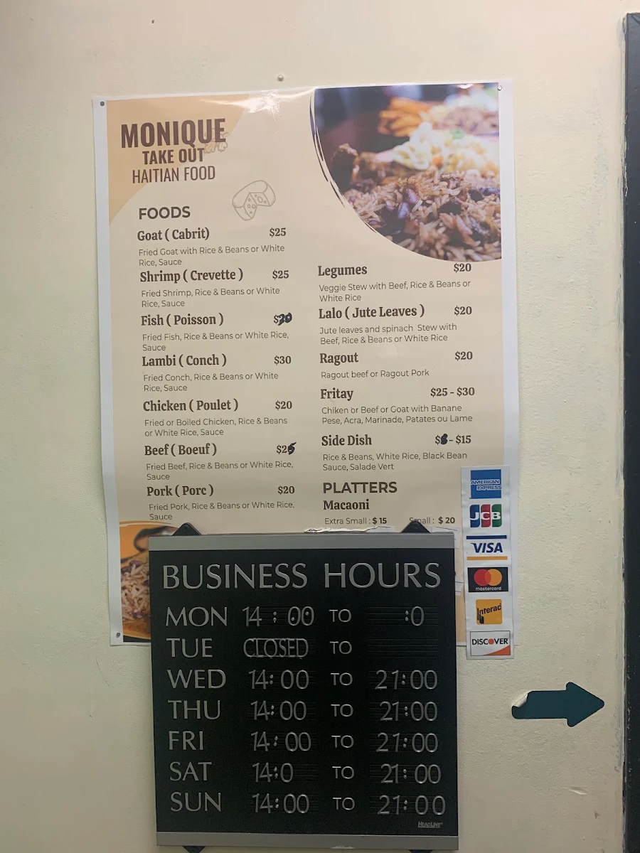 Menu, Monique Haitian Food