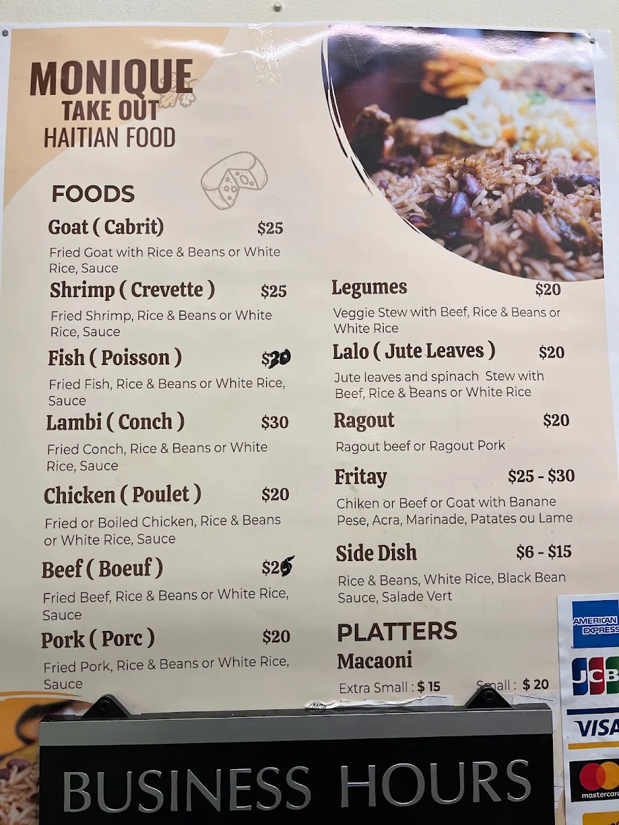 Menu, Monique Haitian Food