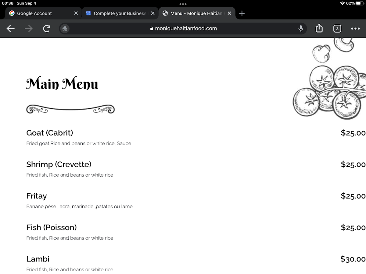 Menu, Monique Haitian Food