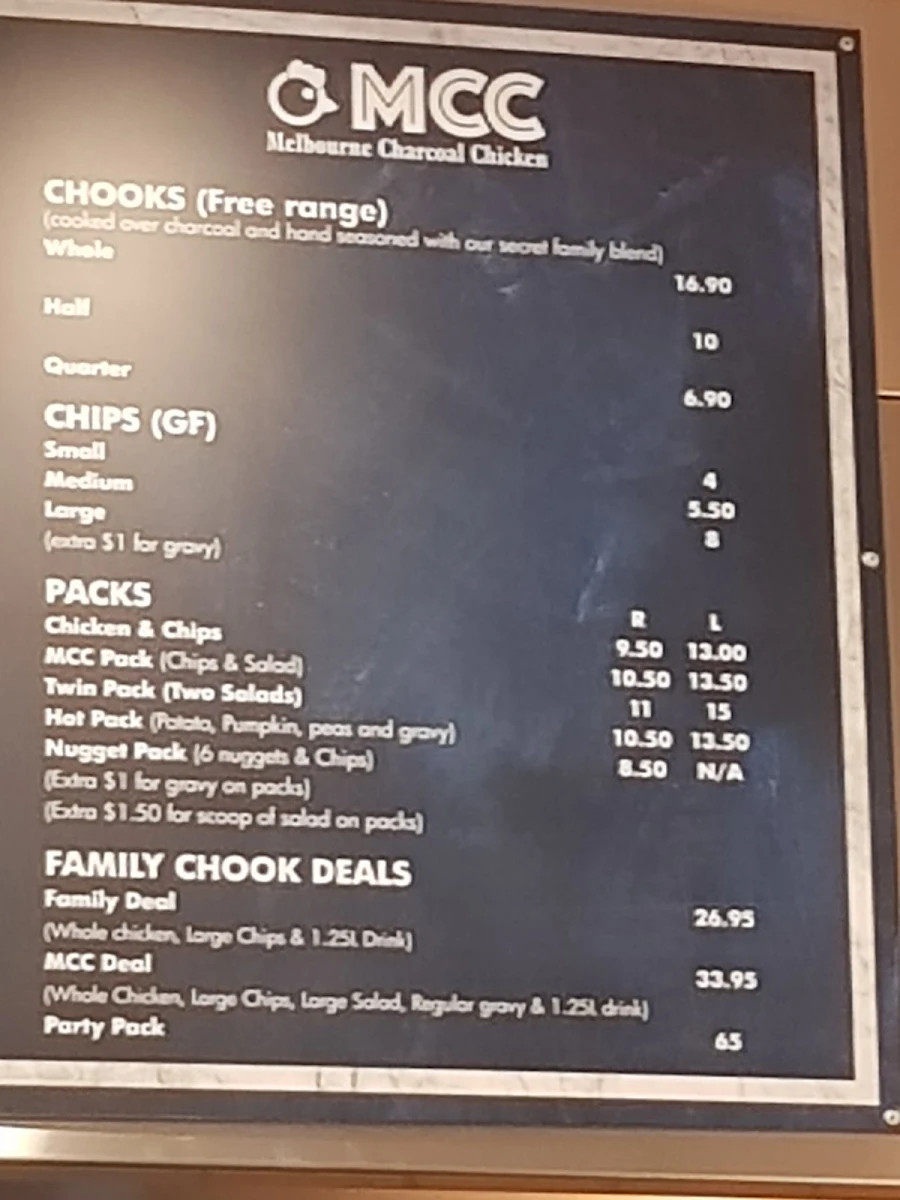 Menu, Melbourne Charcoal Chicken