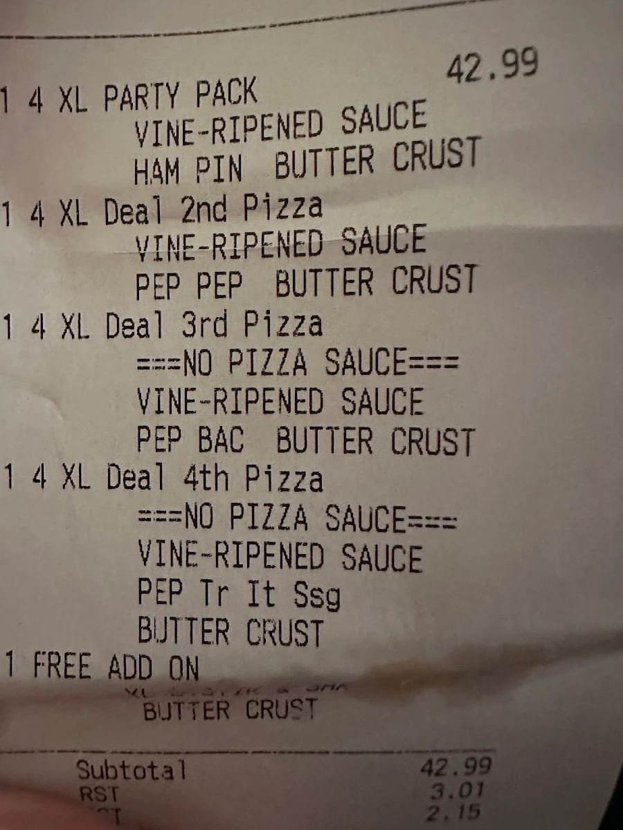 Menu, Pizza Hotline
