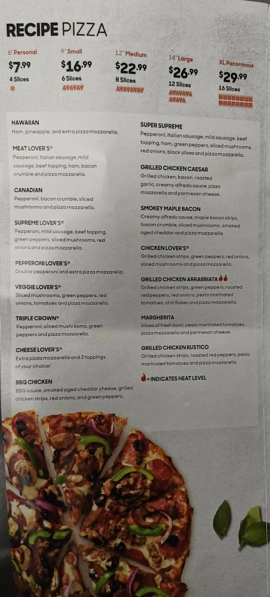 Menu, Pizza Hut