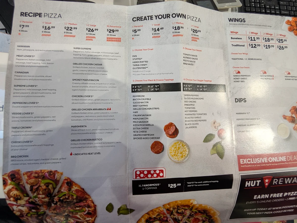 Menu, Pizza Hut