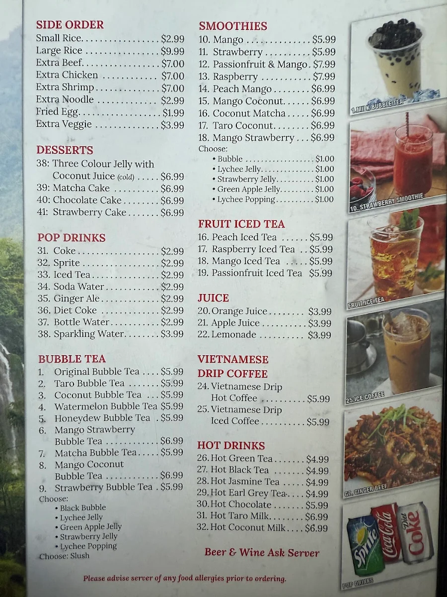 Menu, pho house