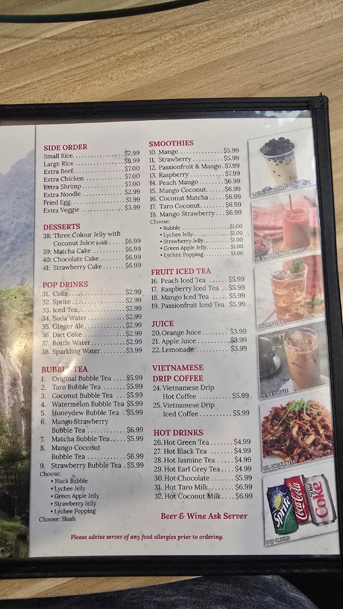 Menu, pho house