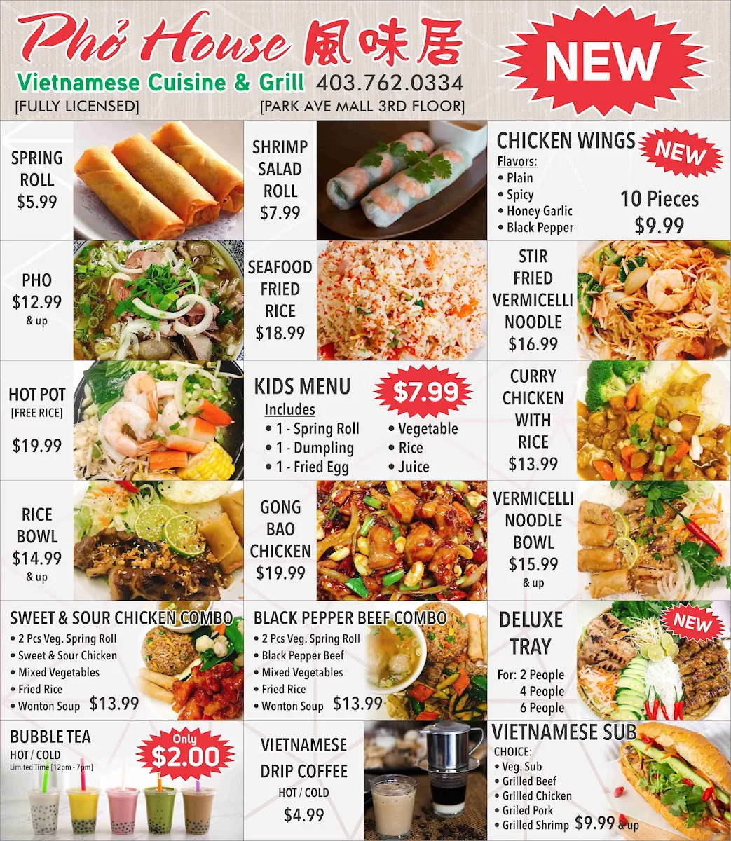 Menu, pho house