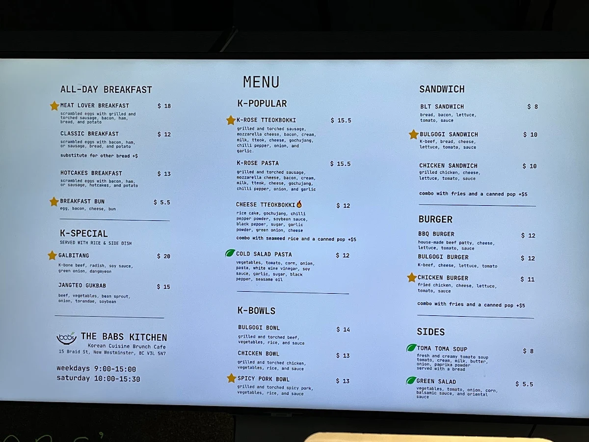Menu, The Babs Kitchen & Brunch Cafe & Dinner
