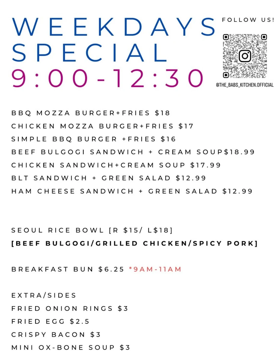 Menu, The Babs Kitchen & Brunch Cafe & Dinner
