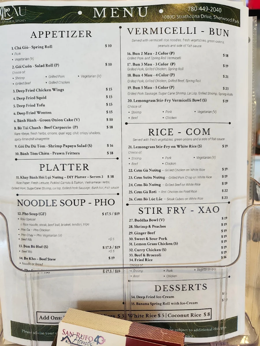 Menu, Rau Vietnamese Kitchen