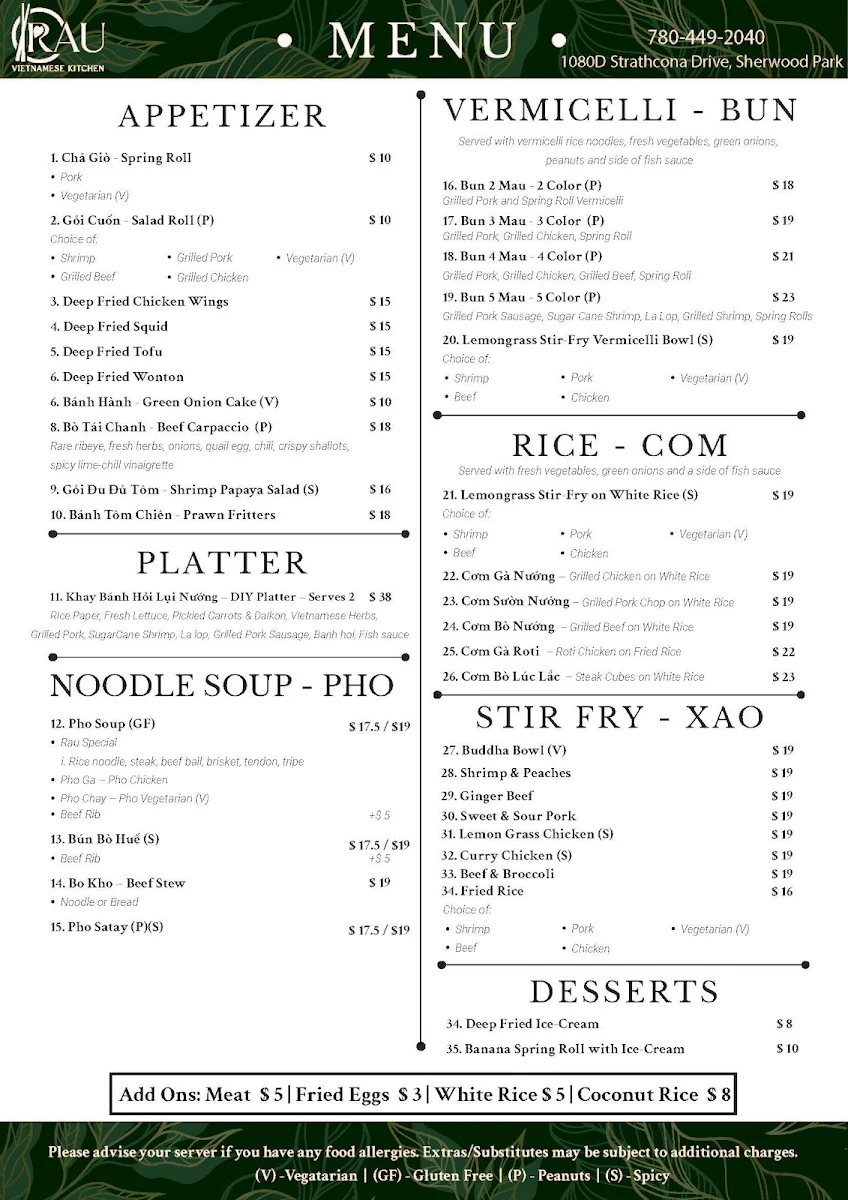Menu, Rau Vietnamese Kitchen