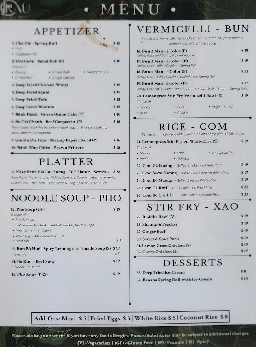 Menu, Rau Vietnamese Kitchen