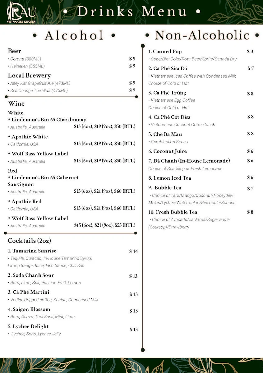 Menu, Rau Vietnamese Kitchen