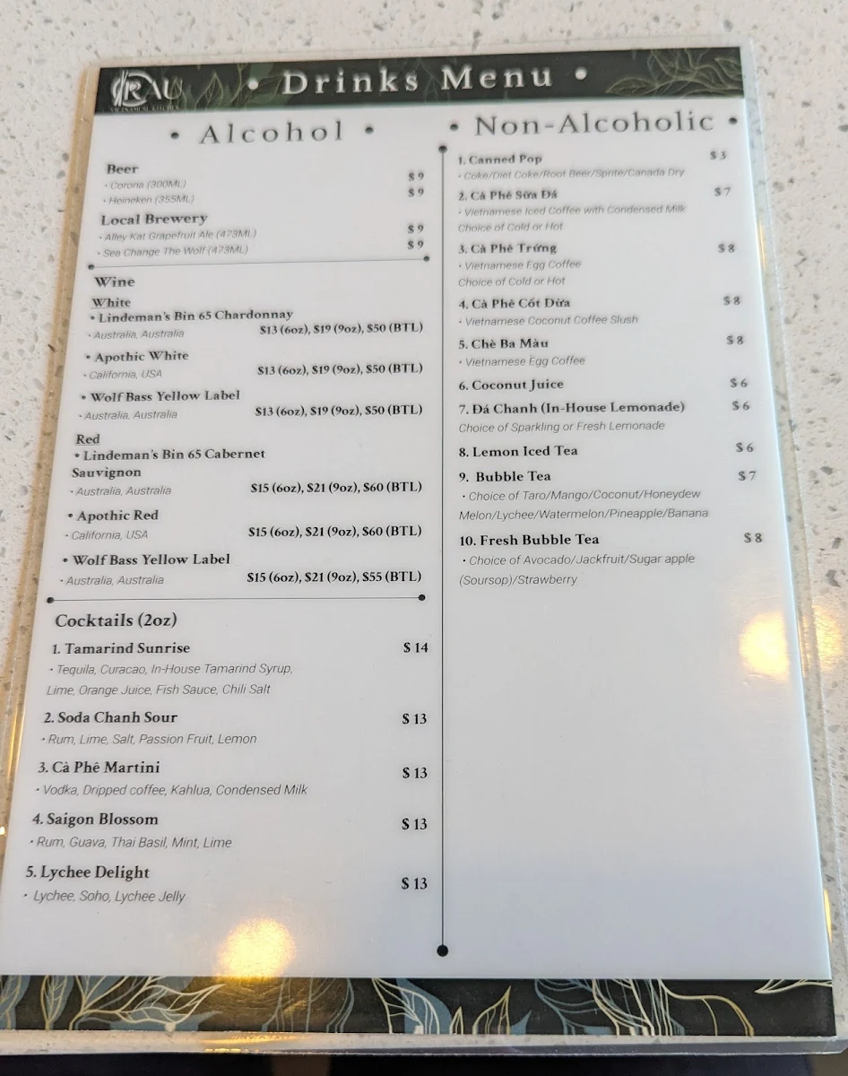 Menu, Rau Vietnamese Kitchen