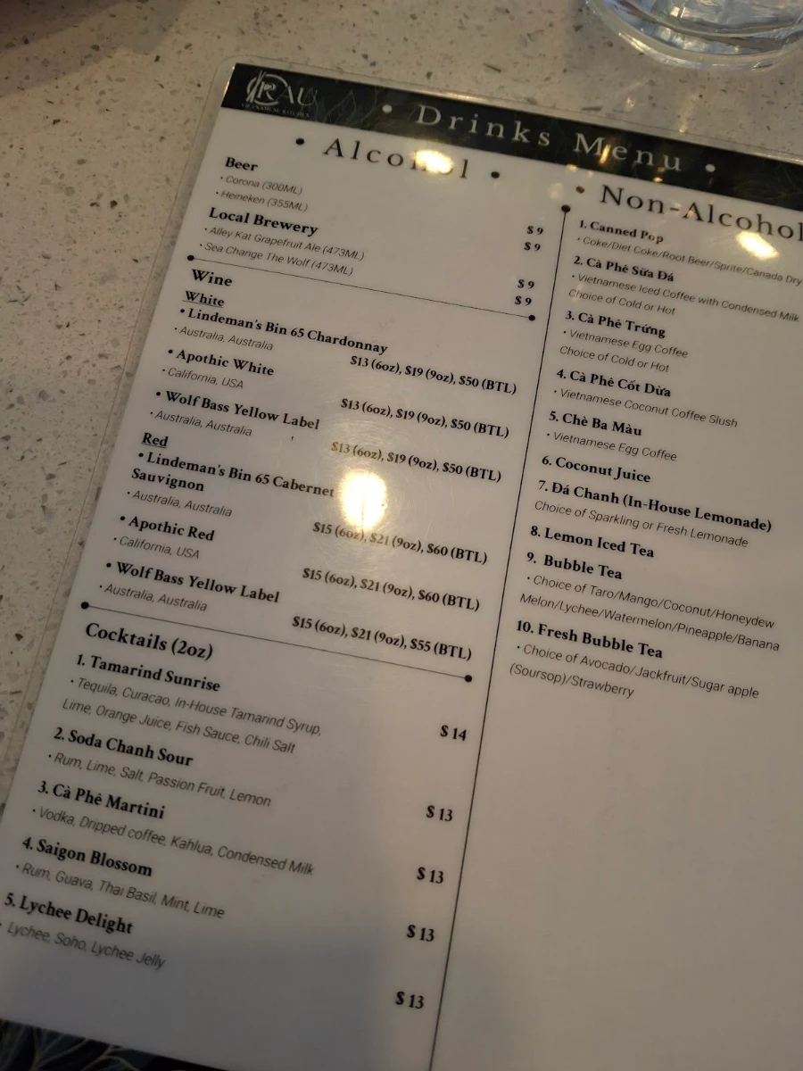 Menu, Rau Vietnamese Kitchen