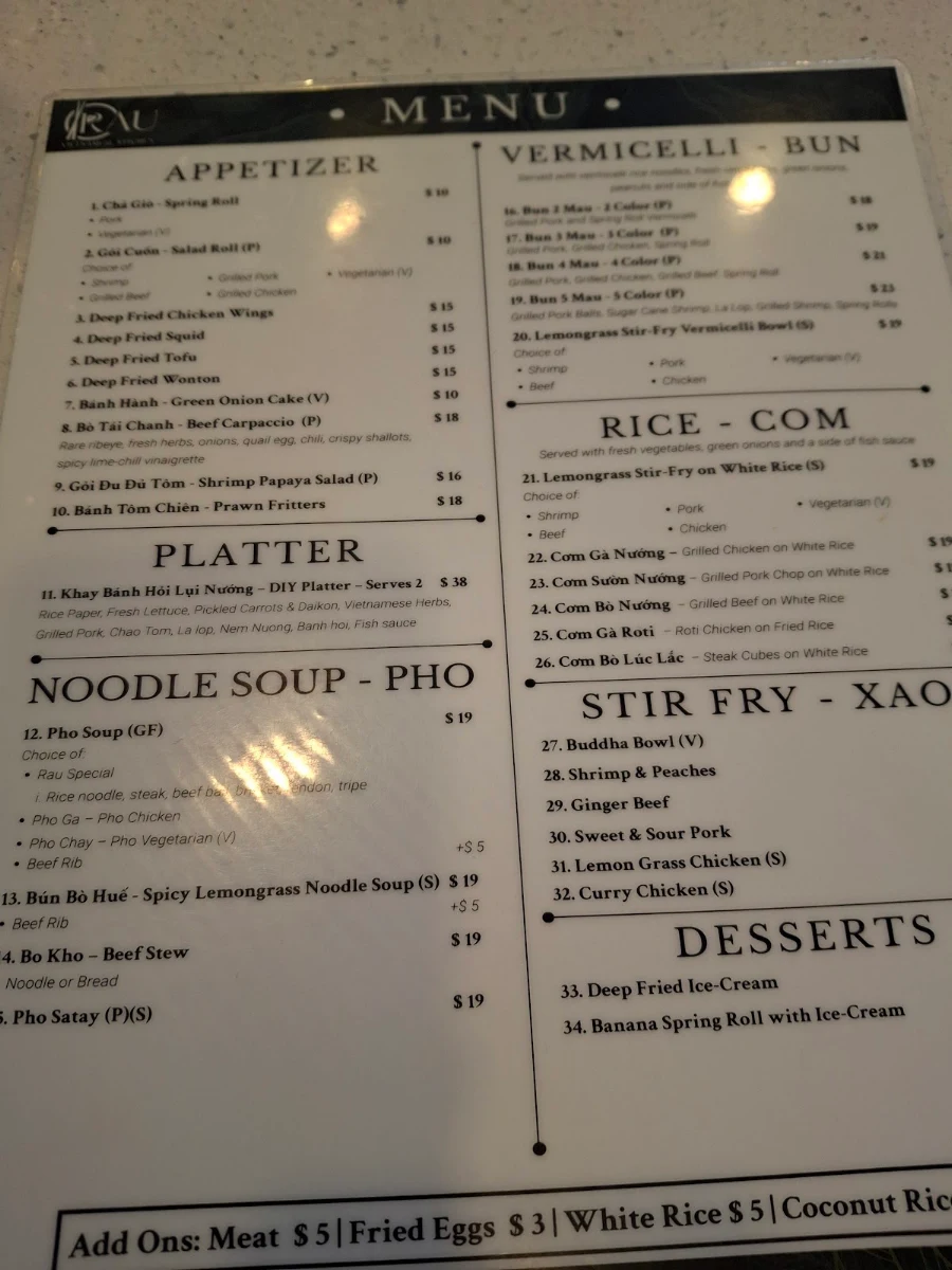 Menu, Rau Vietnamese Kitchen