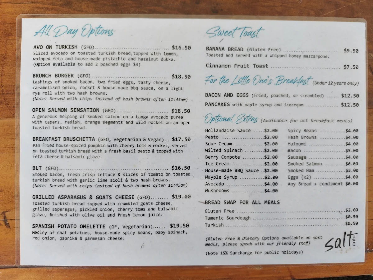 Menu, Salt Cafe Urangan