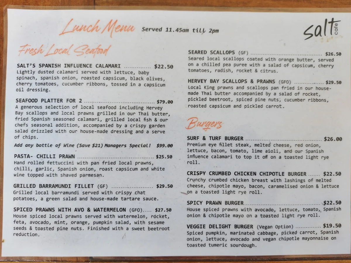 Menu, Salt Cafe Urangan